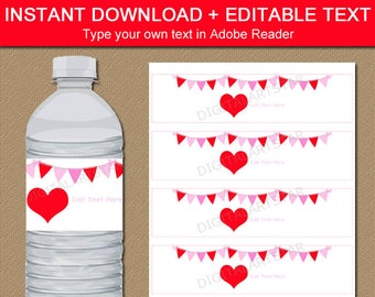 Valentine's Day Water Bottle Labels - Heart Water Bottle Labels - Valentine Party Decorations - Printable Valentine Water Bottle Stickers V4