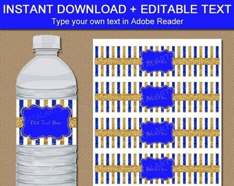 Royal Blue and Gold Water Bottle Labels Template, Boy Baby Shower Decorations, Birthday Party Decoration, Water Bottle Stickers Printable B4