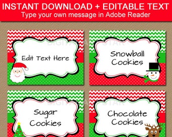 Christmas Buffet Cards, Christmas Label Template, Cute Christmas Tent Cards, Xmas Candy Buffet Labels - Red Green Santa Snowman Reindeer C4