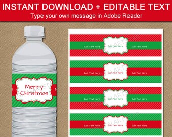 Christmas Water Bottle Label Template, Red and Green Holiday Water Bottle Labels, PRINTABLE Christmas Water Bottle Wraps Christmas Party C3