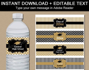 Graduation Water Bottle Label Template - Black and Gold Waterbottle Labels - High School Graduation Party Decorations - Editable Download G4