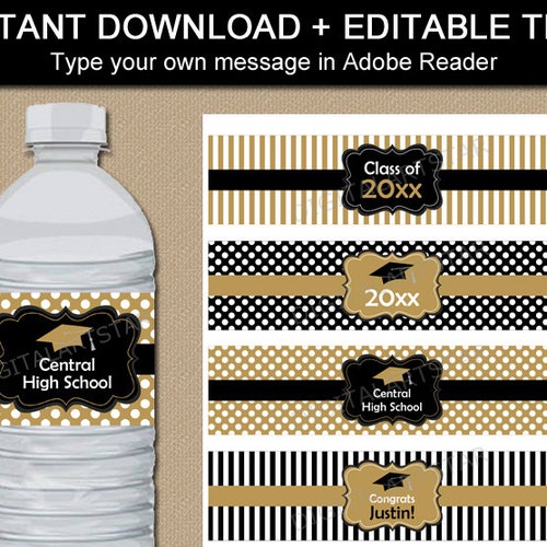 Graduation Water Bottle Label Template Black and Gold - Etsy