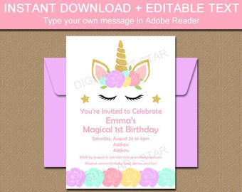 Unicorn 1st Birthday Invitation, Unicorn Birthday Invitation Download, Girl Birthday Invitation Printable, Unicorn Party Invite Template U4