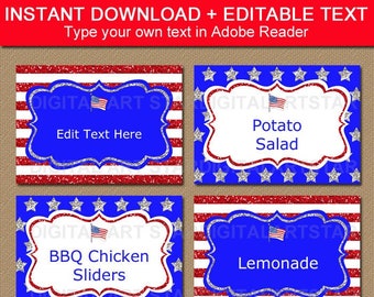 4th of July Food Tent Cards, Patriotic Food Labels Stickers, 4th of July Place Cards, Fourth of July Labels Template - Buffet Labels P2