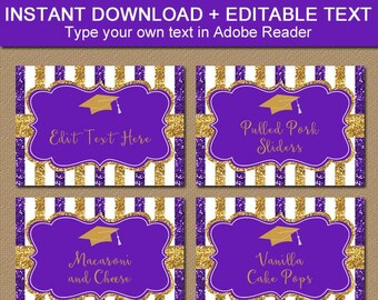 Editable Graduation Labels - Purple and Gold Graduation Decorations 2024 - Graduation Food Labels for Buffet - Place Cards - Food Tents G9