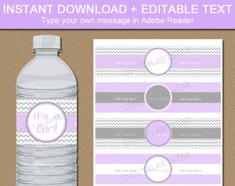 Lavender Grey Baby Shower Water Bottle Labels Printable - Lavender Baby Shower Decoration - Purple Baby Shower Decor - Its a Girl Labels BB1