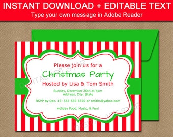 Printable Christmas Party Invitation - EDITABLE Xmas Invites, Holiday Party Invites - Red & White Stripes - Holiday Invitation Template CSV