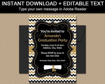 Graduation Invitation, Printable College Graduation Invitation, Digital Download Invitation, Editable Black and Gold Graduation Template G3