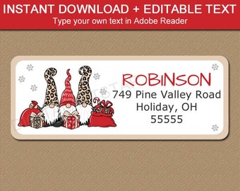 Printable Christmas Address Labels - Christmas Gnome Mailing Label Template, Return Address Sticker, Holiday Address Labels Instant Download