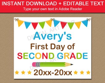 First Day of Second Grade Sign Personalized First Day of School Sign Printable Editable First Day of School Sign Back to School Download S2