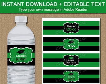 Graduation Water Bottle Labels Printable, Kelly Green Graduation Party Decorations Class of 2024 Water Bottle Wraps, Editable Download G1