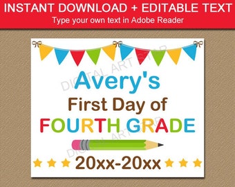 First Day of Fourth Grade Sign Personalized, Printable First Day of School Sign, Back to School Sign Template, Last Day of 4th Grade Sign S2