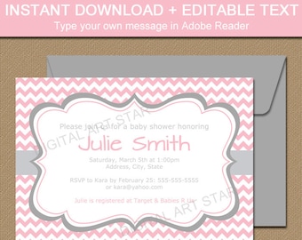 Pink and Gray Baby Shower Invitation Template - EDITABLE Baby Shower Invitation Girl - Printable Bridal Shower Invite Digital Download BB1