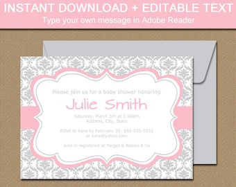 Baby Shower Invitation Girl, Pink and Silver Invitation Template, Pink and Gray Baby Shower Invitations, Elegant Wedding Invitations