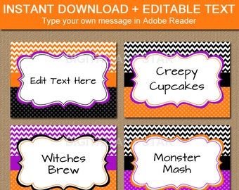 EDITABLE Halloween Chevron Food Labels, Printable Buffet Cards, Halloween Tent cards, DIY Candy Buffet Labels - Halloween Labels - INSTANT