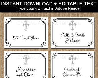 Cross Place Cards, First Communion Labels Stickers, Black and White First Communion Decorations, Baptism Label Template Printable FC2