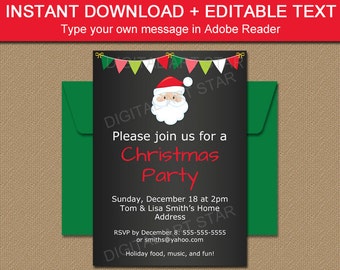 Printable Santa Invitation - Christmas Chalkboard Invitation - Christmas Party Invitation Template - Holiday Party EDITABLE Santa Invite C2