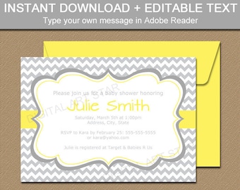 Gender Neutral Baby Shower Invitation Template, Yellow and Gray Baby Shower Invitations, Bridal Shower Invitation, PRINTABLE Party Decor BB1