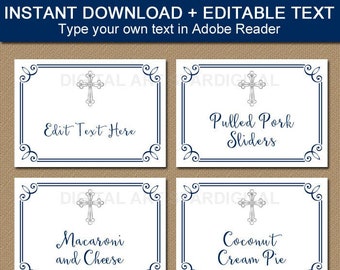 First Communion Decorations Boy, Navy Blue Baptism Labels Printable, Food Labels, Food Tents, Place Cards, Buffet Cards, Editable Labels FC2