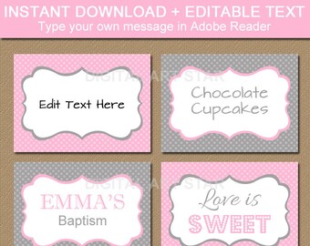 EDITABLE Pink Grey Printable Buffet Cards, Tent Cards, - Bridal Shower Place Cards, Baby Shower, Birthday DIY Food Labels Instant Download