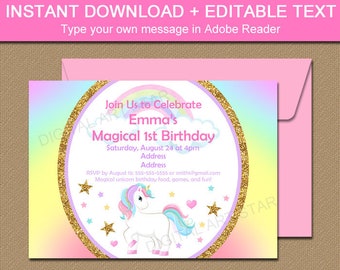 Unicorn Invitation Instant Download, Rainbow Unicorn Birthday Invitation Editable, First Birthday Invitation Girl, Unicorn Party Invite U2