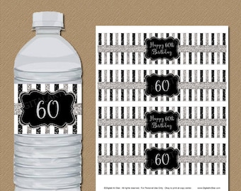 60th Birthday Decorations, 60th Birthday Water Bottle Labels, Black and Silver Birthday Party Decorations For Adults, Party Printables B4