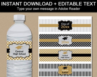 Black Gold Silver Graduation Water Bottle Labels, Printable Party Decorations, Editable College Graduation Water Labels Instant Download G4