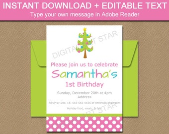 Girl Christmas Birthday Invitation - 1st Birthday Invitation - First Christmas Invitation Template - EDITABLE Christmas Party Printables C1