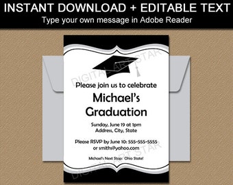 Black and White Graduation Invitation, Printable College Graduation Party Invitation Template, EDITABLE PDF, Class of 2024 Invites G1