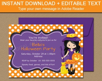 Kids Halloween Birthday Party Invitations, Witch Birthday Invitation, Birthday Girl, Self Editable Halloween Invite, Halloween Printable WDS