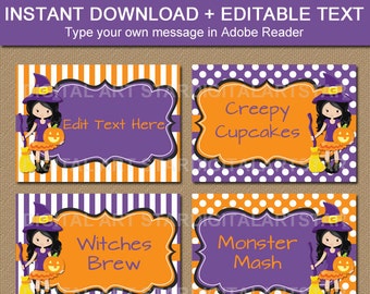 Halloween Buffet Cards Template - EDITABLE Halloween Candy Buffet Labels - Girl Halloween Labels - Instant Download Purple Witch Labels WDS