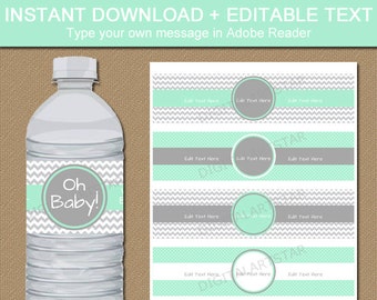 Mint Grey Water Bottle Labels, Mint Green Baby Shower Decorations, EDITABLE Water Labels, Printable Baby Shower Ideas Party Decorations BB1