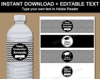 Graduation Water Bottle Labels, Graduation Party Decorations Black and White, EDITABLE Graduation Water Bottle Stickers Printable PDF G3