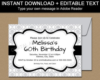 Printable Silver Invitation Template, Party Invitations, Digital Invitations, Wedding Invites, Invitation for Women, Silver Black Invites