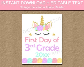 First Day of 3rd Grade Sign Girl, Printable Unicorn Back to School Sign, Editable Back to School Sign, Unicorn First Day of Third Grade U4