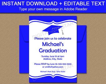 Graduation Invitation Template Download - Printable High School Graduation Party Invitations - Graduation Party Decor - Royal Blue White G1