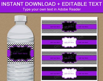 Purple and Black Water Bottle Labels - Birthday Water Bottle Label Template - Black and Purple Party Decorations - Water Bottle Sticker B1