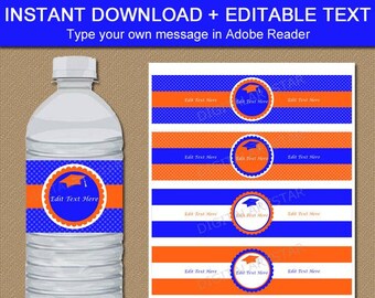 Printable Graduation Water Bottle Labels Orange and Blue Graduation Decorations 2024 Editable Graduation Template Graduation Party Ideas G6