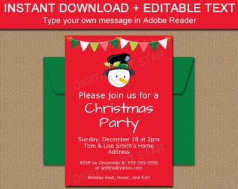 Christmas Party Invitations, Snowman Invitations, PRINTABLE Holiday Invites, Kids Christmas Invites, EDITABLE Snowman Birthday Template C2
