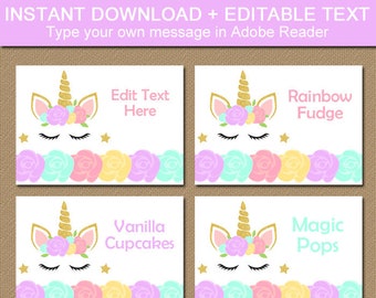 Unicorn Place Cards, Unicorn Candy Buffet Labels, Unicorn Tent Cards, Unicorn Birthday Party Supplies, Unicorn Baby Shower Decorations U4