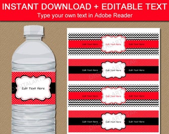 Birthday Water Bottle Label Template - Red and Black Party Decorations - Printable Water Bottle Stickers - Red Birthday Decorations B1