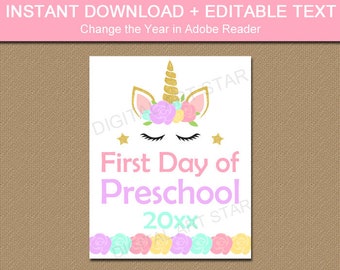 First Day of Preschool Sign Printable, Unicorn Preschool Sign, Editable First Day of School Sign Template, Girl Back to School Sign U4