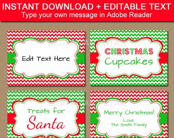 Holiday Party Food Labels, Christmas Food Labels, Printable Food Label Template, EDITABLE Holiday Place Cards, Christmas Chevron Labels C4