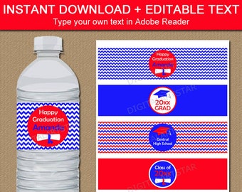 Graduation Party Decorations 2024, High School Graduation Water Bottle Labels in Red and Blue, Printable Water Bottle Decorations G3