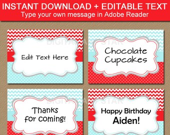 Aqua Red Candy Buffet Labels, Buffet Cards, Printable Tent Cards, Editable Labels, Diy Food Labels, Boy Birthday Labels, Boy Baby Shower B1