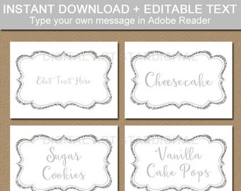 Printable Candy Buffet Label, 25th Anniversary Decorations, White and Silver Wedding Labels, Silver Glitter Place Card, Elegant Name Tags B5