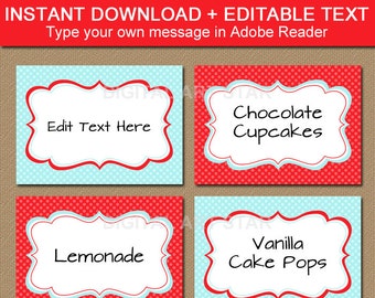 Printable Aqua & Red DIY Food Labels - Buffet Cards, Tent Cards, Place Cards - Birthday Buffet Labels, Christmas Labels - INSTANT Download