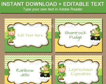 St Patricks Day Food Labels, Name Tags, Place Cards, Food Tent Cards, Candy Buffet Labels, Editable Printable Labels, Leprechaun Labels