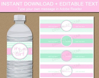 Pink and Mint Baby Shower Water Bottle Label Instant Download Printable Girl Baby Shower Decorations Girl Birthday Decorations Editable PDF