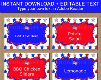 4th of July Place Cards Template, Editable Food Labels, Printable 4th of July Decorations, Patriotic Food Card, Star Place Cards Download P2